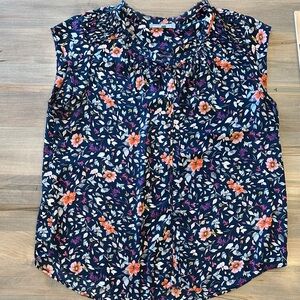 Daniel Rainn Navy Floral Sleeveless Ruffled Neck Blouse